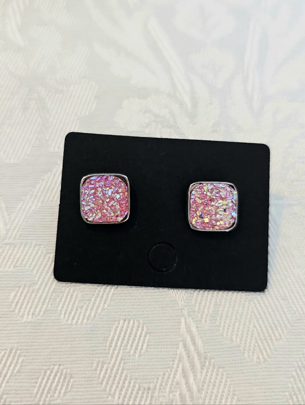 Vibrant Pink Sparkle Square Druzy Stud Earrings with Iridescent Coating